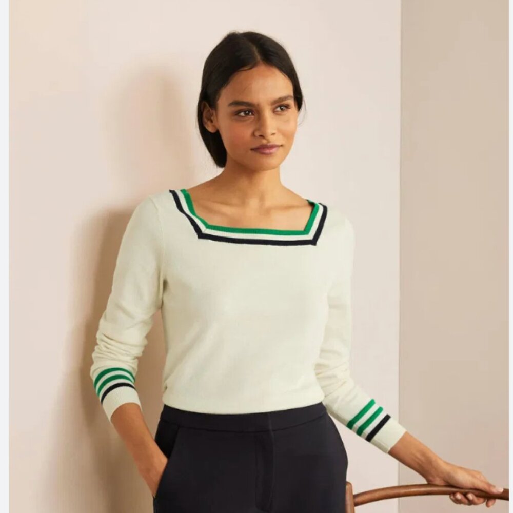 Boden Cream Crewneck Sweater with Green & Black Trim